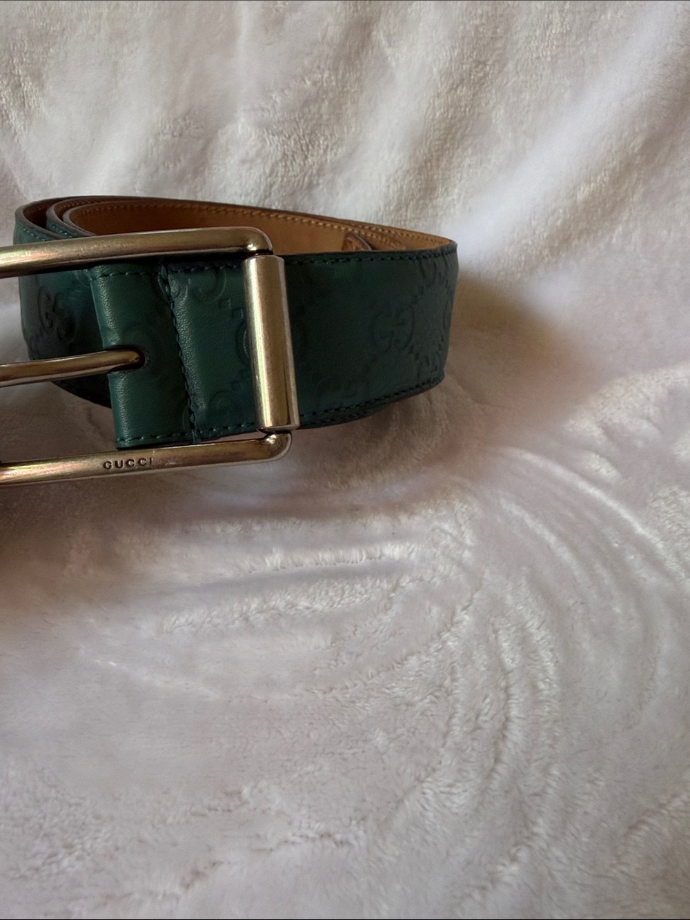 Gucci Dark Green Embossed Leather Belt with Brushed Metal Buckle